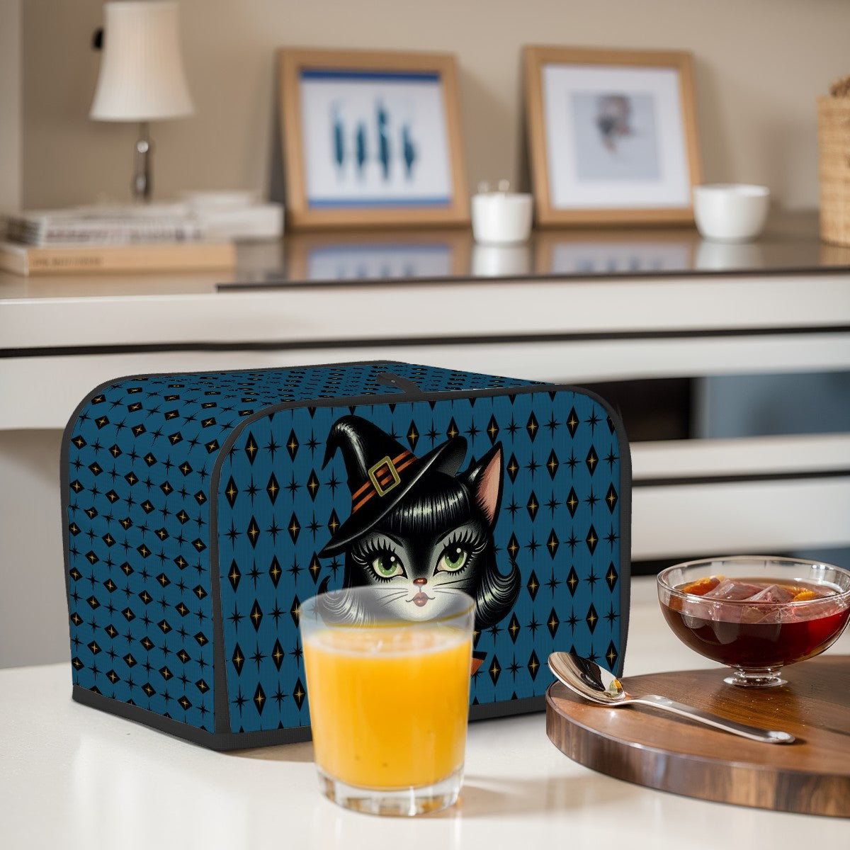 Vintage Halloween Black Cat Sexy Sexton Mid Century Modern Blue 2 Slice Toaster Cover - Mid Century Modern Gal