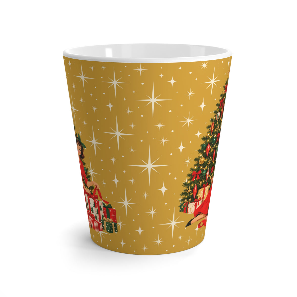 Mid Century Modern Christmas Glamour Gal Wrapping Presents by Tree, Gold Atomic Starbursts Latte Mug