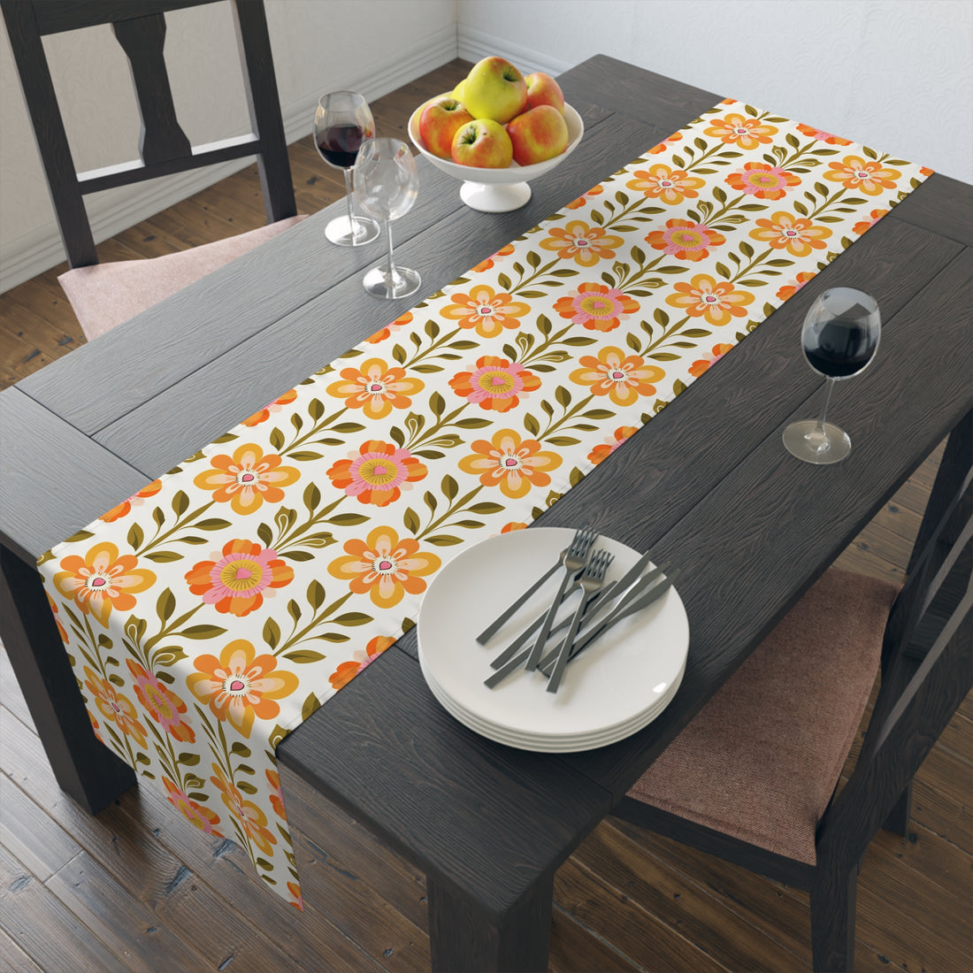 Mid Century Modern Scandinavian Floral Orange Yellow Green Boho Floral Table Runner - Mid Century Modern Gal