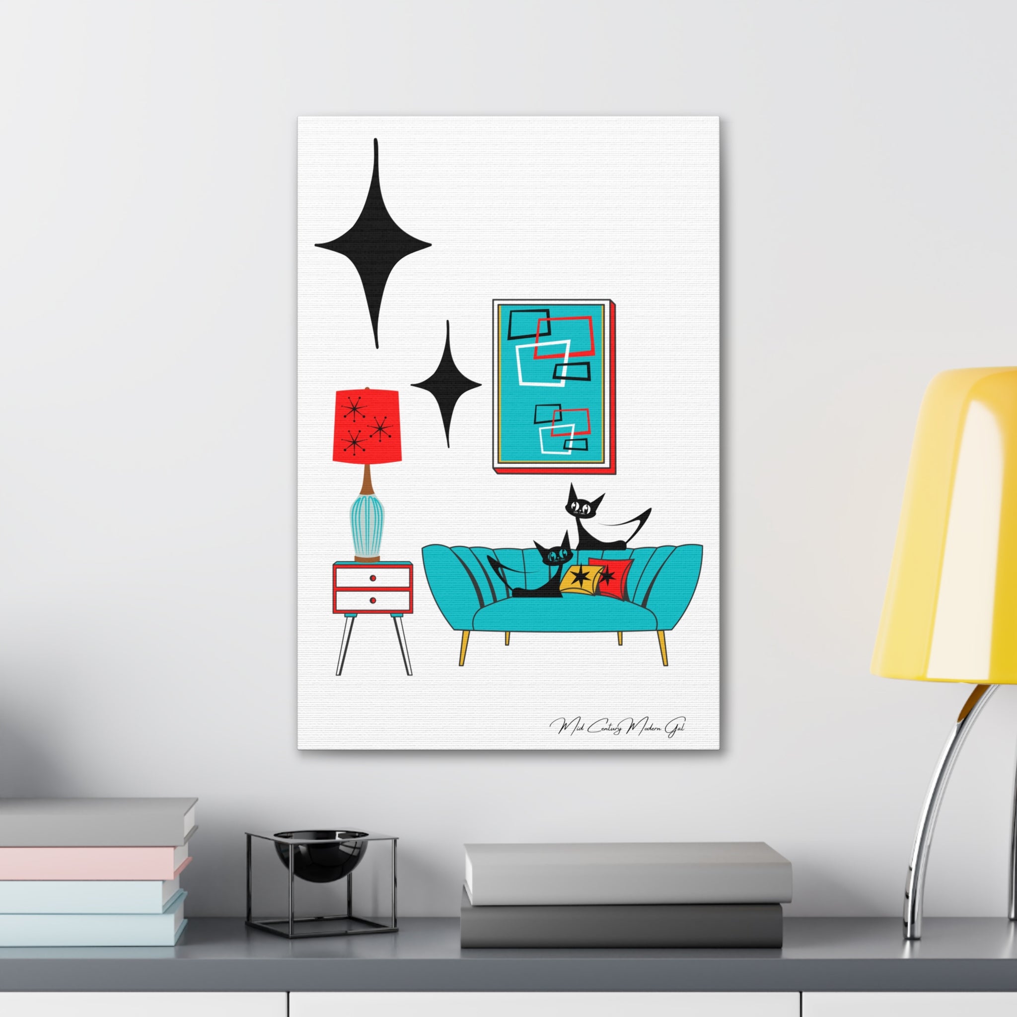 Mid Century Modern Wall Art, Atomic Cat Living Room Retro. Teal Blue, Red, Black Canvas Art