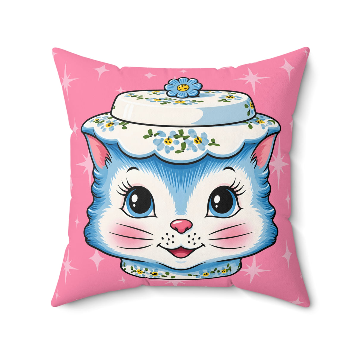 Mid Century Modern Kitschy Anthropomorphic Blue Cat with Floral Hat Pillow Cover and Insert - Mid Century Modern Gal
