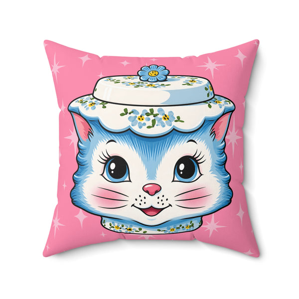 Mid Century Modern Kitschy Anthropomorphic Blue Cat with Floral Hat Pillow Cover and Insert