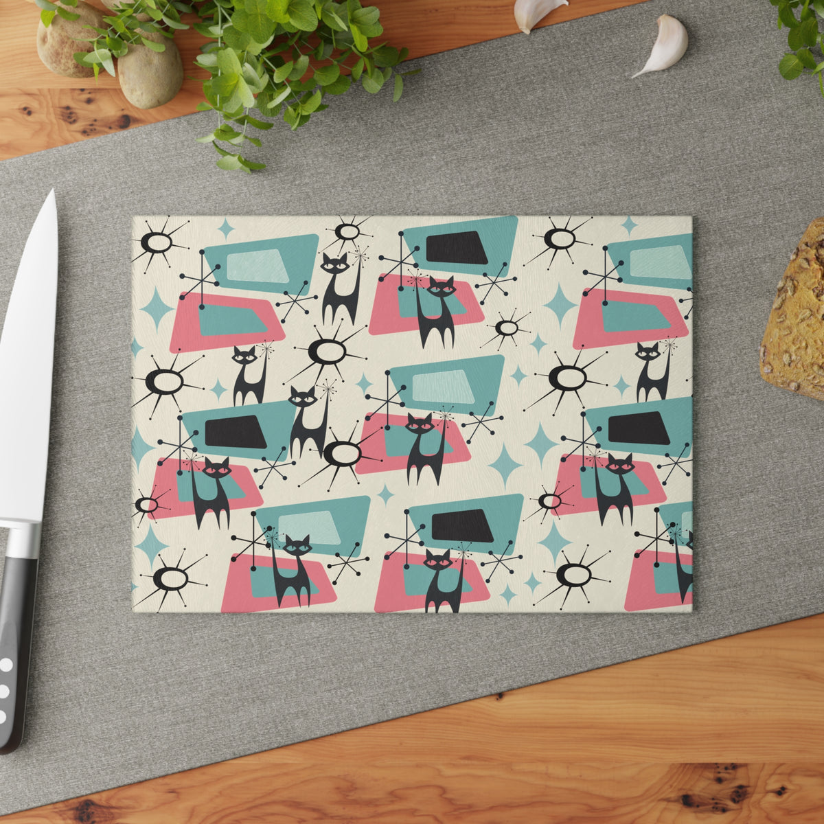 Atomic Space Cat, Cheese Board, Party Glass Cutting Board - Mid Century Modern Gal