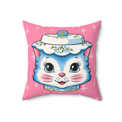 Mid Century Modern Kitschy Anthropomorphic Blue Cat with Floral Hat Pillow Cover and Insert - Mid Century Modern Gal