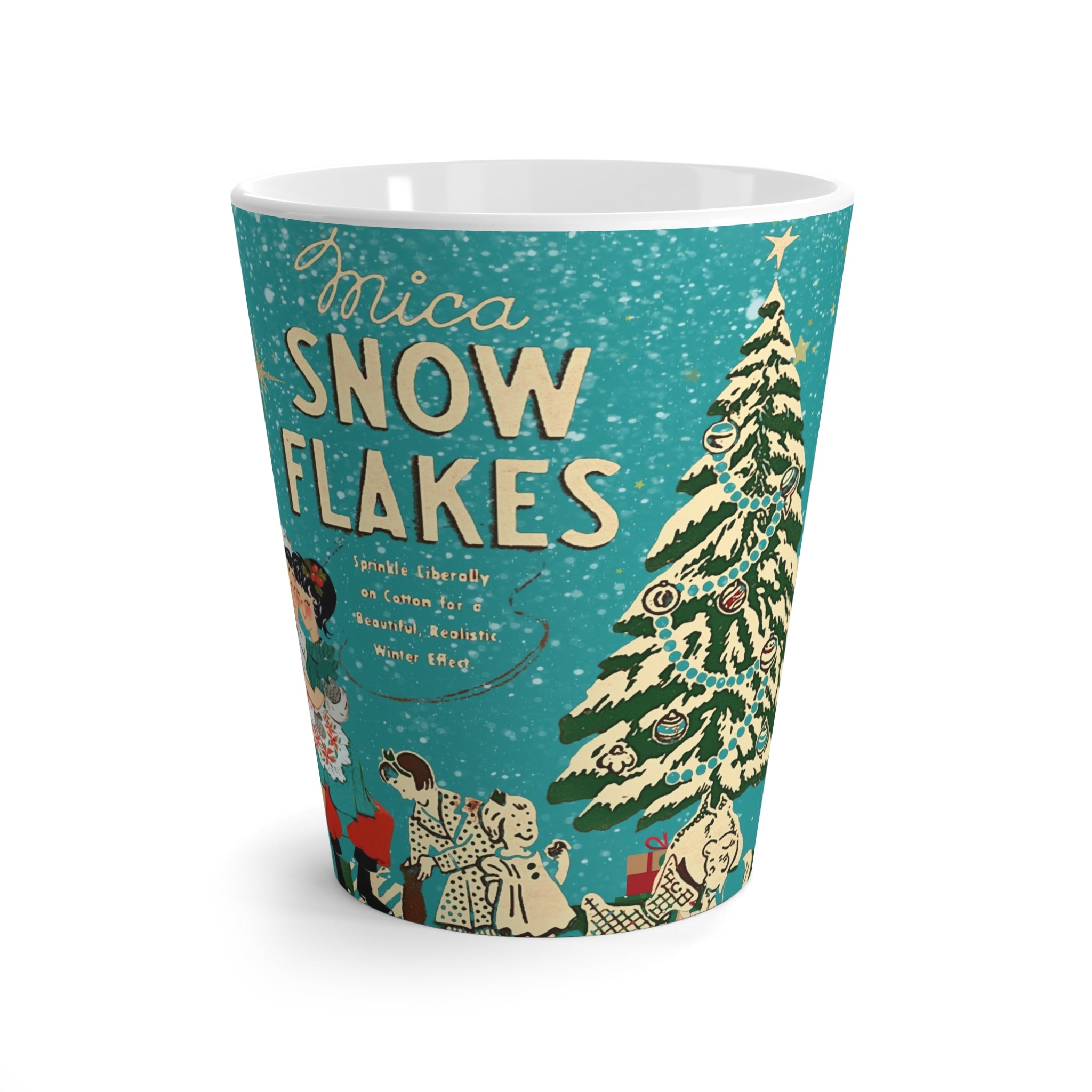 Vintage Mica Snow Flakes, Kitschy Mod 50s Vintage Ad Latte Mug