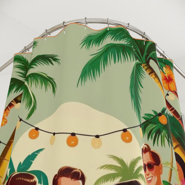 Mid Century Modern Tiki Party, Tropical Retro Shower Curtain - Vintage Beach Party Design