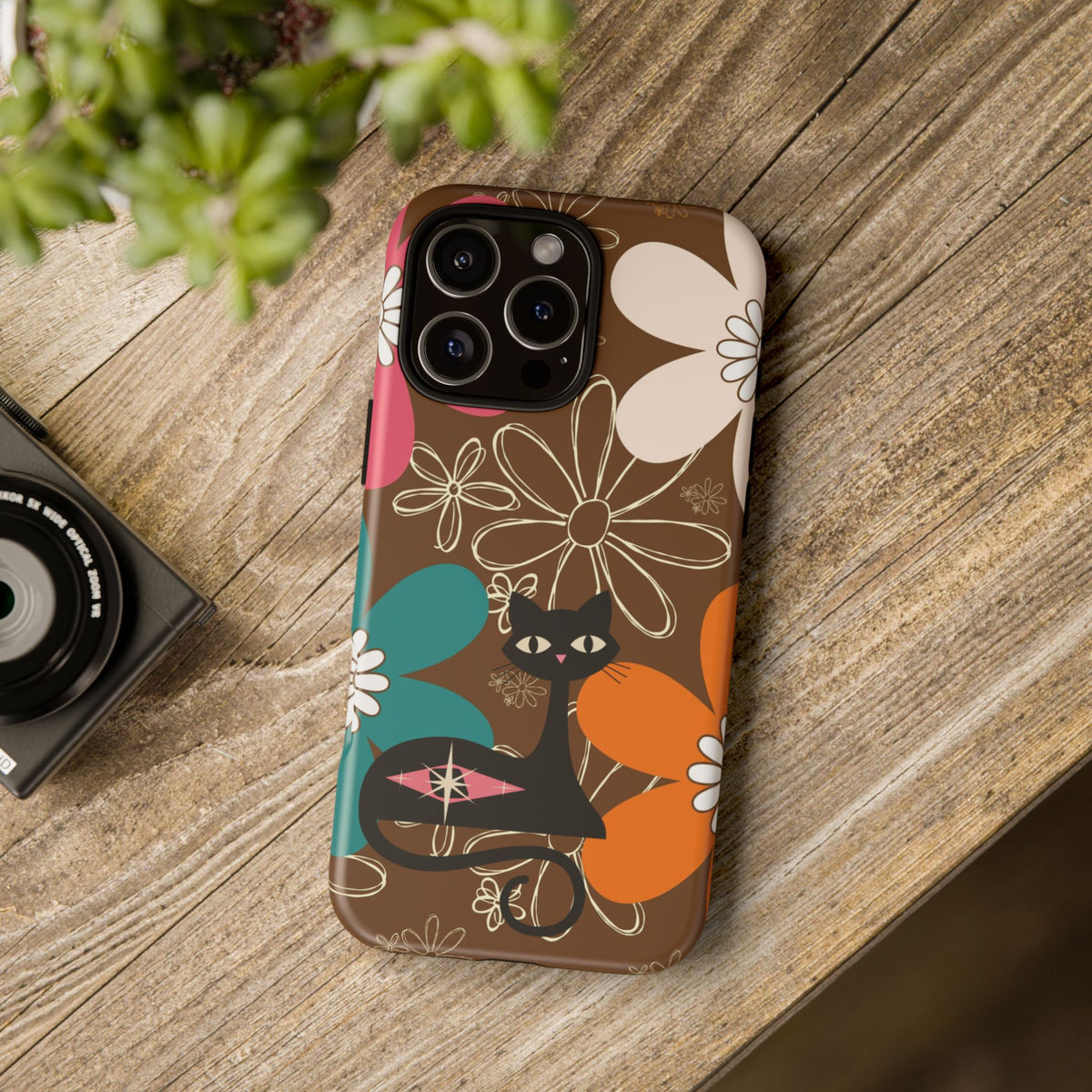 Atomic Cat Retro 70s Vibe Flower Power Tough Cases: Cute Floral and Cat Phone Case for Cat Lovers