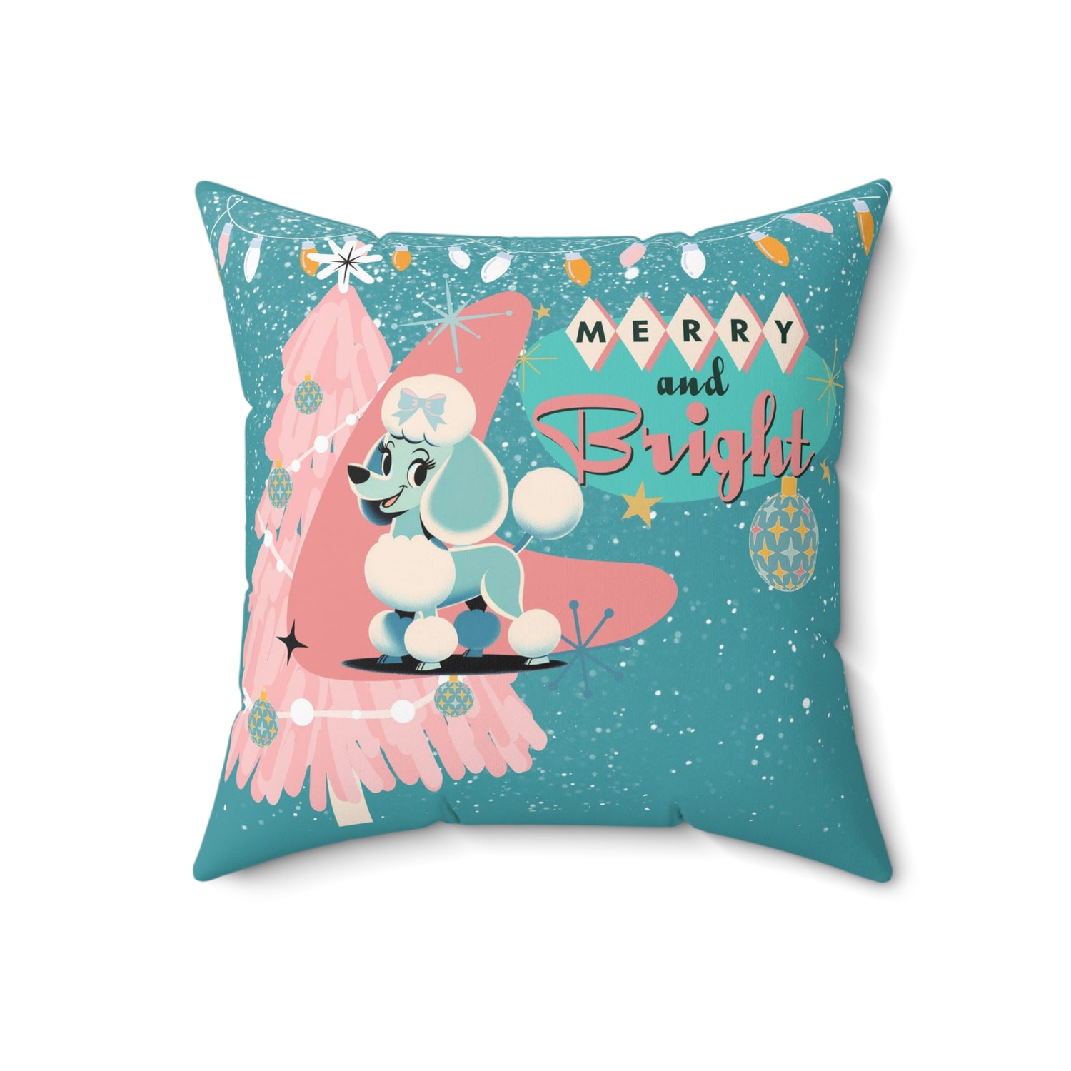 Mid Century Modern 50s Holiday Kitsch Poodle Merry And Bright, Aqua Pink Christmas Pillow And Insert - Mid Century Modern Gal