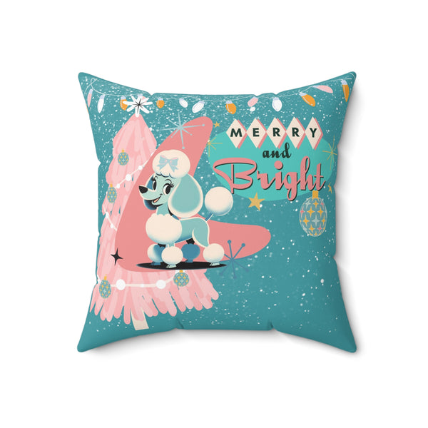 Mid Century Modern 50s Holiday Kitsch Poodle Merry And Bright, Aqua Pink Christmas Pillow And Insert