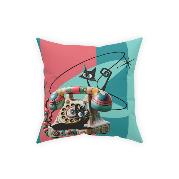 Atomic Cat Quirky Retro Rotary Phone, Kitschy Mid Mod, Pink, Aqua, Teal Broadcloth Pillow