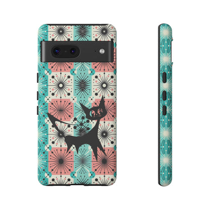Atomic Kitschy Cat, Mid Century Modern Pink, Aqua Starbursts Tough Phone Case