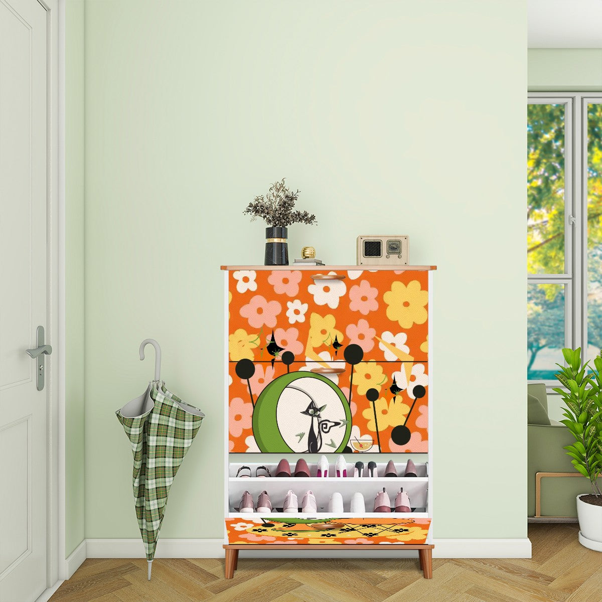 Retro Groovy Cat, Flower Power 70s Vibe, Kitschy Mid Mod Shoe Cabinet - Mid Century Modern Gal