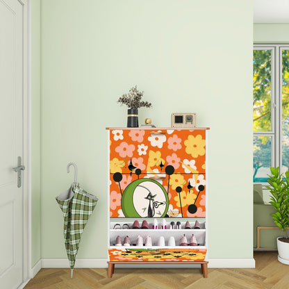 Retro Groovy Cat, Flower Power 70s Vibe, Kitschy Mid Mod Shoe Cabinet - Mid Century Modern Gal