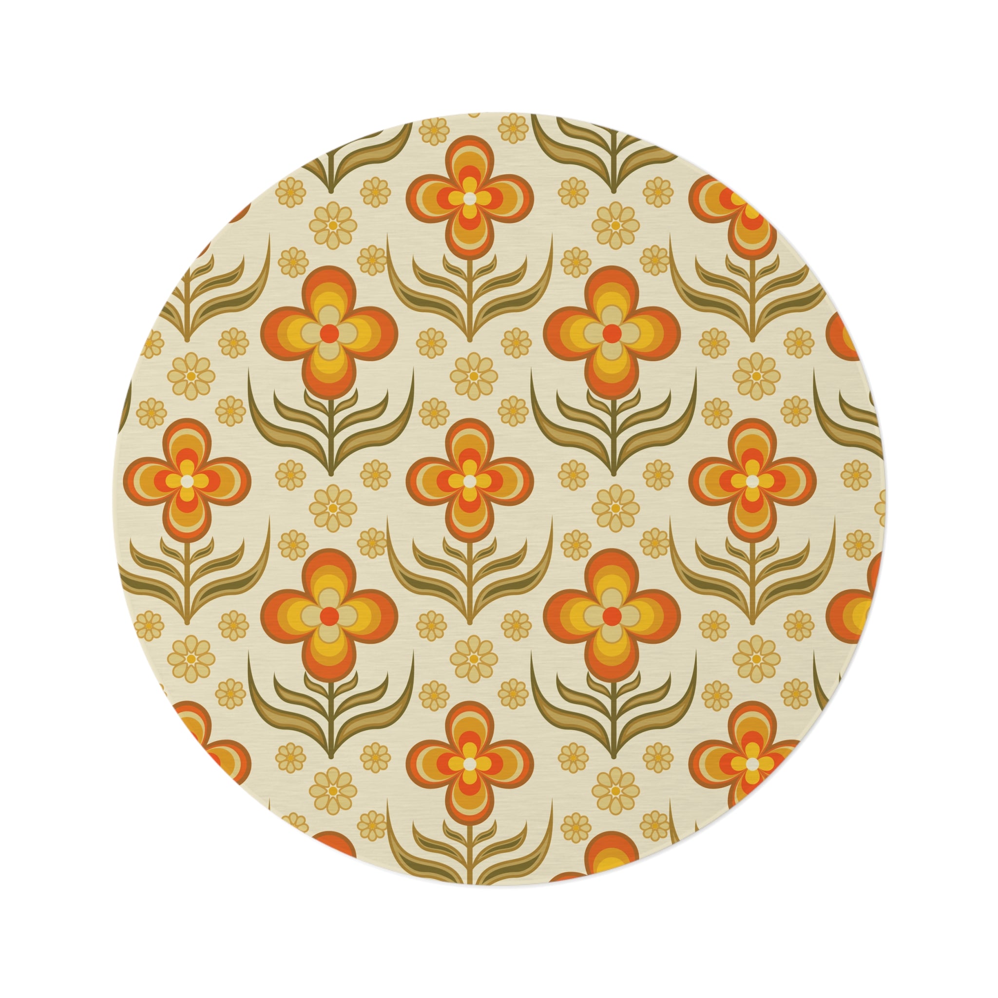 70s Round Rug, Orange, Green, Golden Yellow Floral Pattern