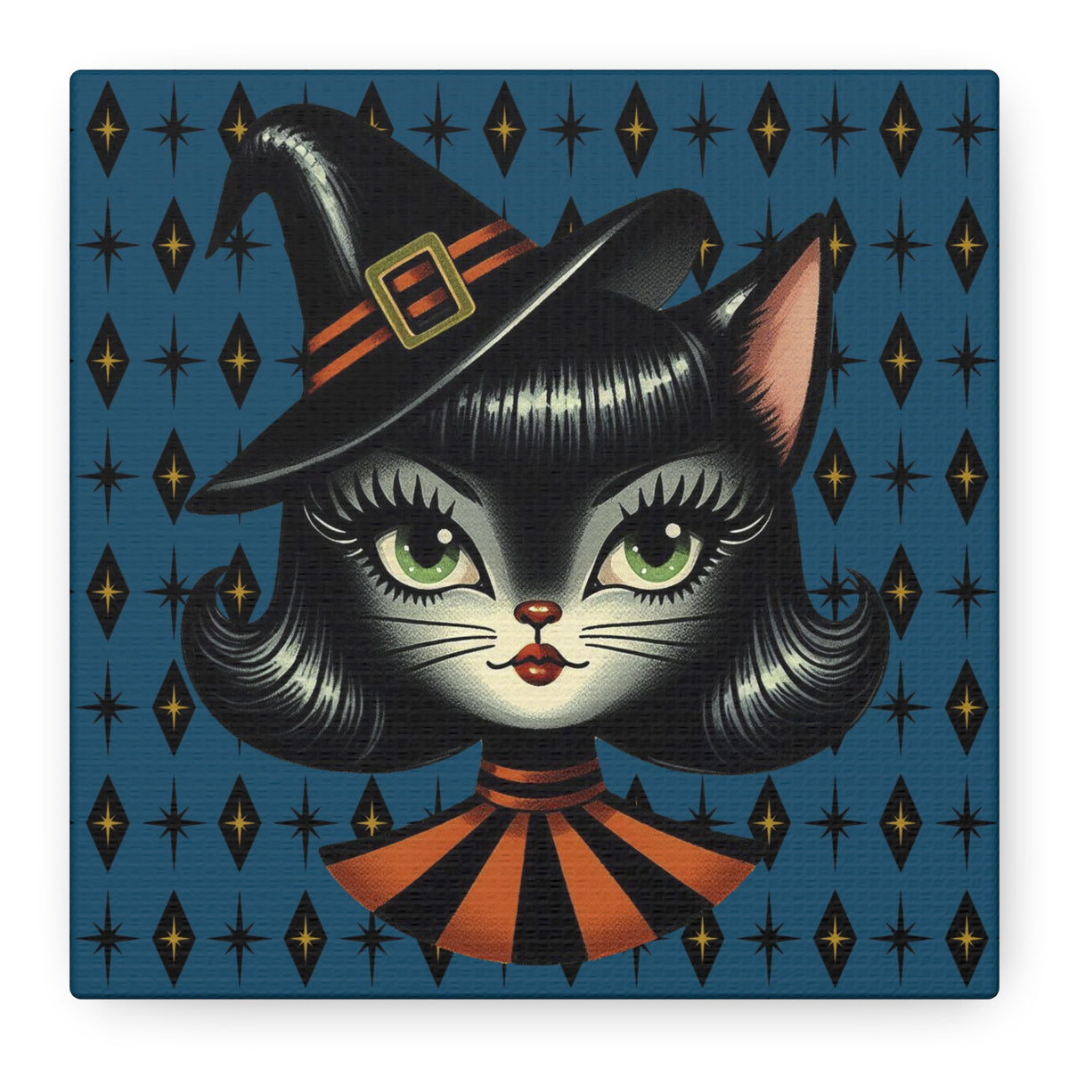 Vintage Halloween Black Cat Sexy Sexton Mid Century Modern Blue Matte Stretched Canvas Wall Art - Mid Century Modern Gal