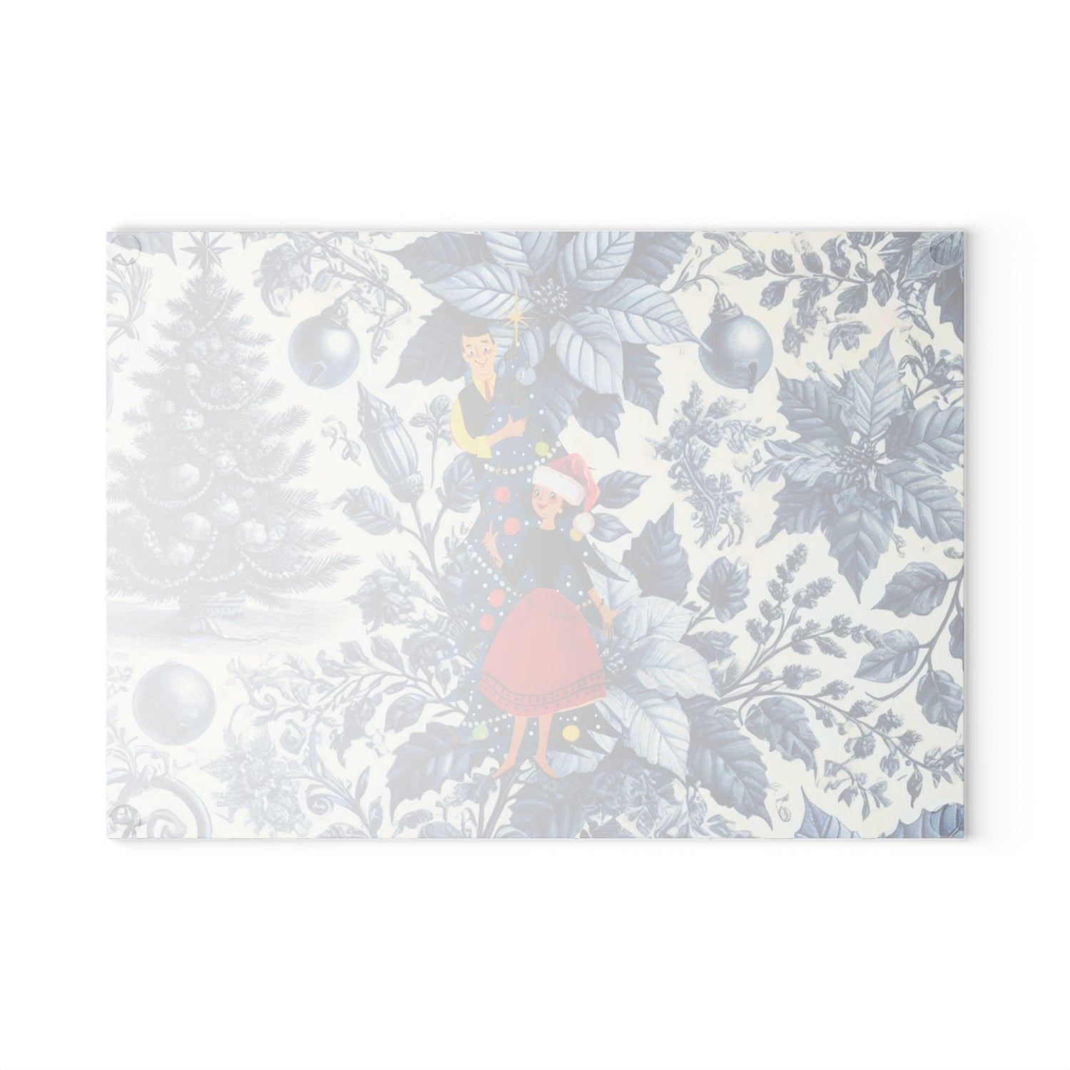 Christmas Toile, Blue White Kitschy Mod 50s Style Holiday Cheese Glass Cutting Board