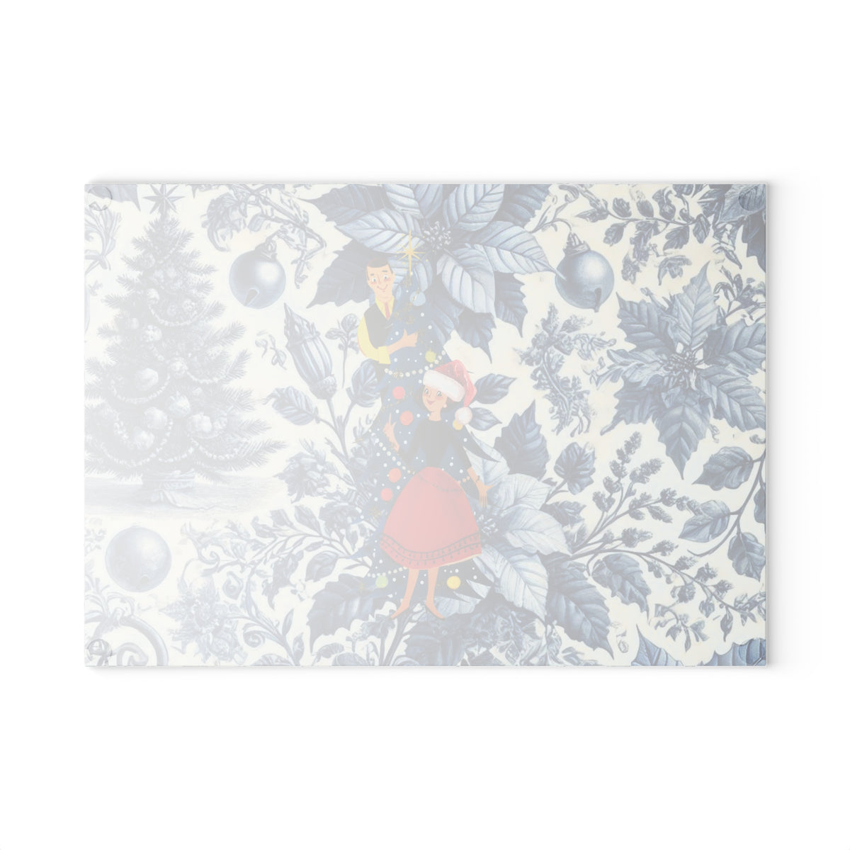 Christmas Toile, Blue White Kitschy Mod 50s Style Holiday Cheese Glass Cutting Board - Mid Century Modern Gal