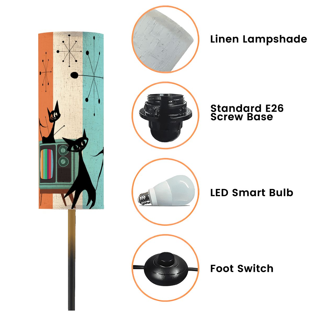 Atomic Kitschy Cats, Mid Century Modern Aqua Orange, Cream Starburst Retro Slim Floor Lamp Modern Standing Lamp - Mid Century Modern Gal