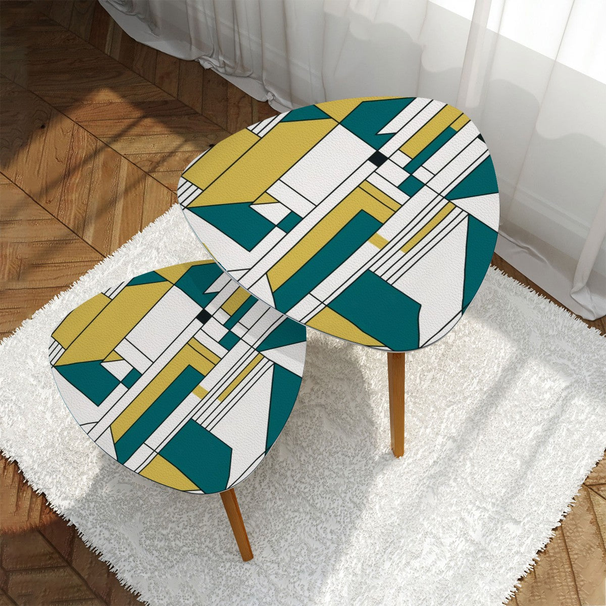 High Moderism International Style Bauhuas Mod Nesting Tables, Teal Green Motif - Mid Century Modern Gal