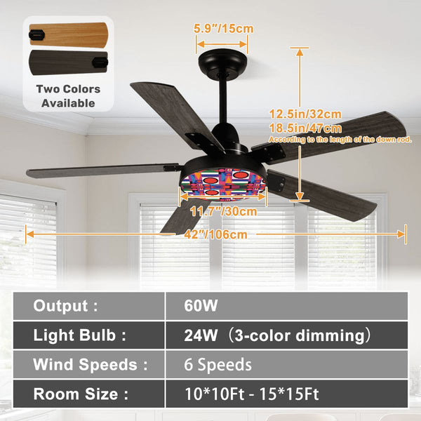 Mid Century Modern Bauhaus Red, Blue, Green Yellow Geometric Designed Ceiling Fan With Light
