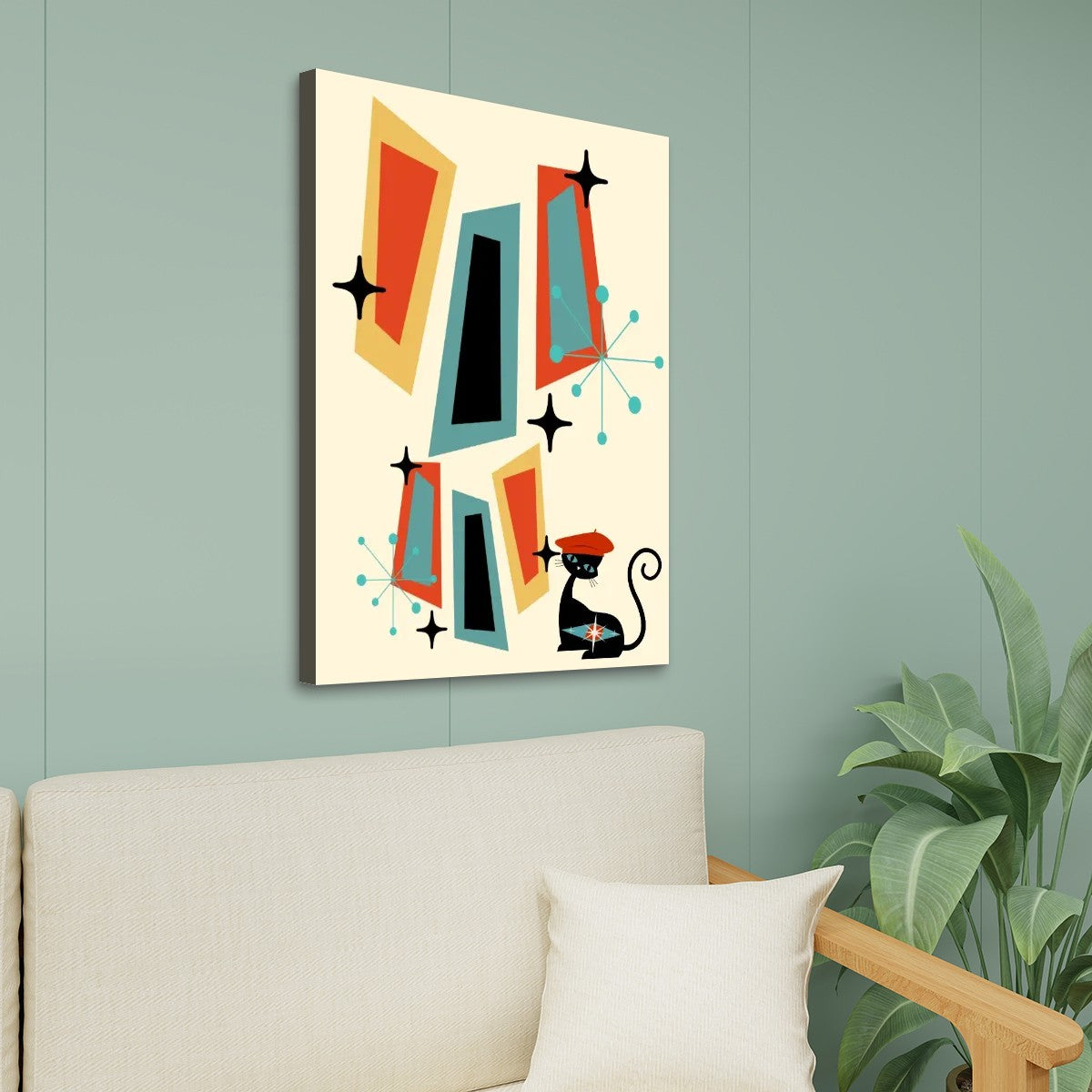 Mid Century Modern Atomic Cat Wall Art, Geometric Mod Canvas - Mid Century Modern Gal