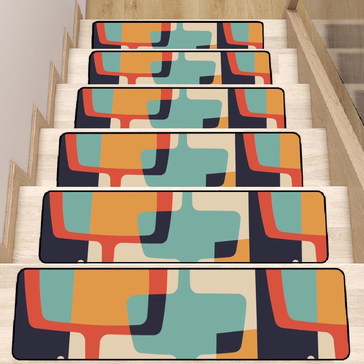 Mid Century Modern Geometric Designed Retro Non Slip Carpet for Stairs Treads