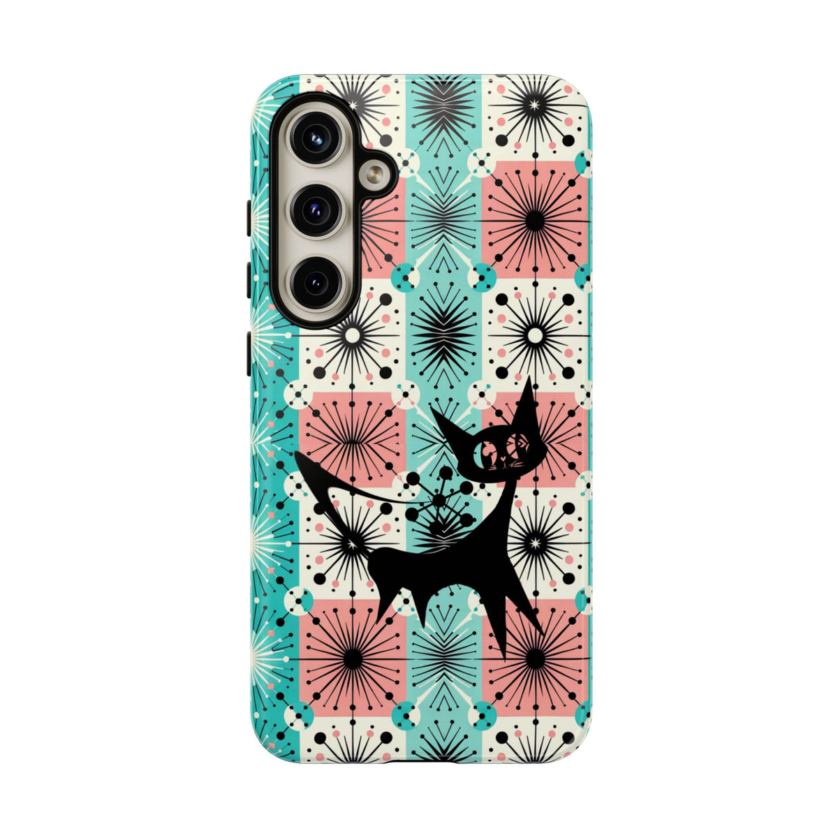 Atomic Kitschy Cat, Mid Century Modern Pink, Aqua Starbursts Tough Phone Case