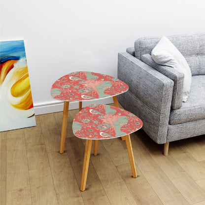 Chinoiserie Modern Nesting Tables, Floral Design In Coral And Mint Green - Mid Century Modern Gal
