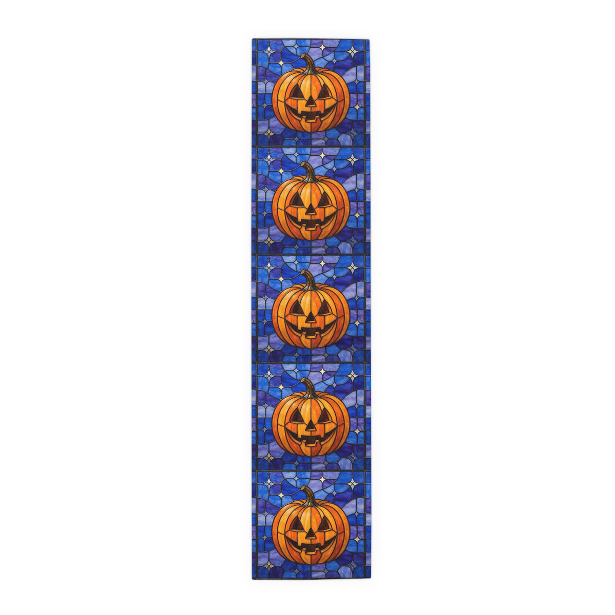 Halloween Stained Glass Style Jack-o'-lantern Pumpkin Table Runner - Mid Century Modern Gal