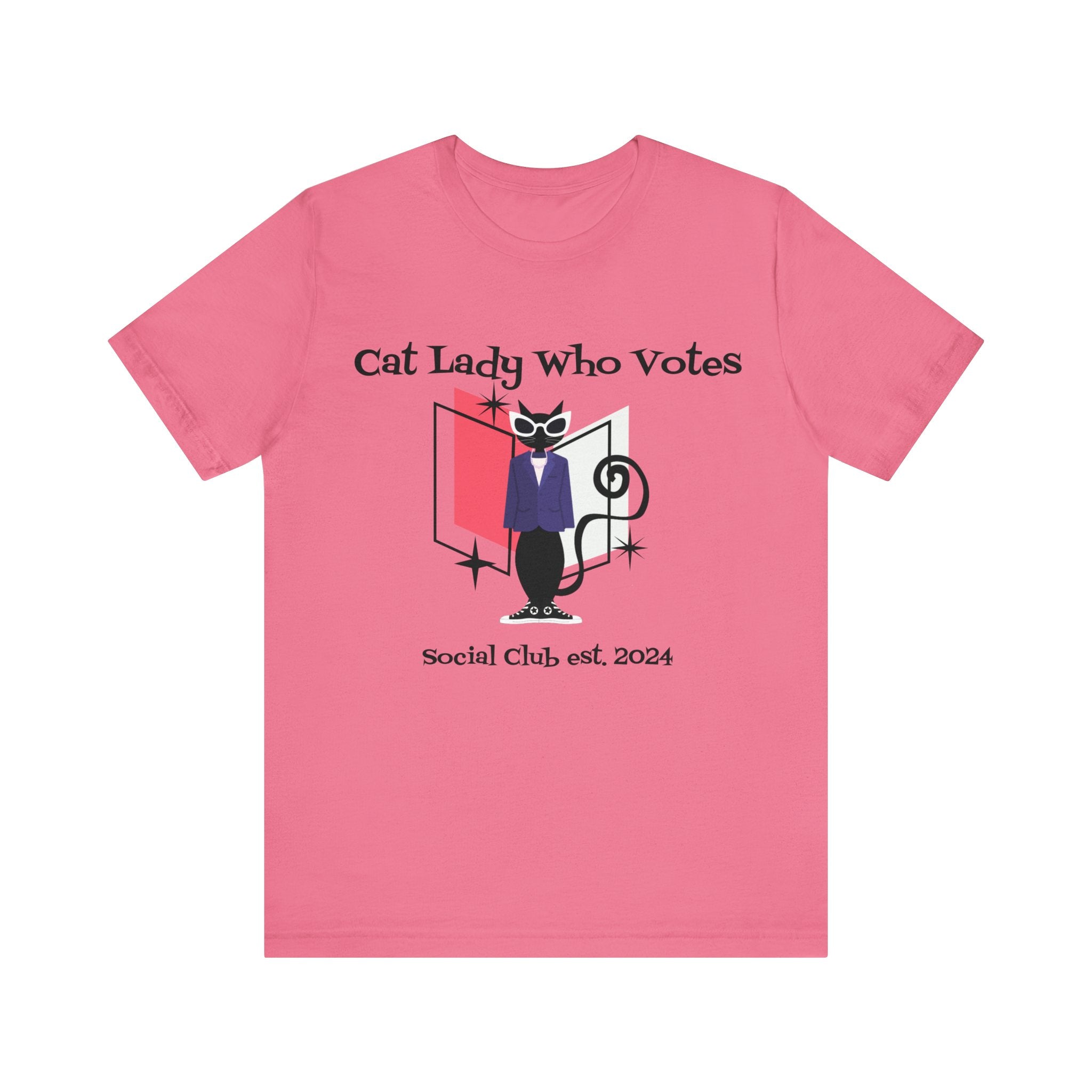 Cat Lady Who Votes Against Fascism, Vote 2024 Atomic Cat Kitschy Cute Retro Tee