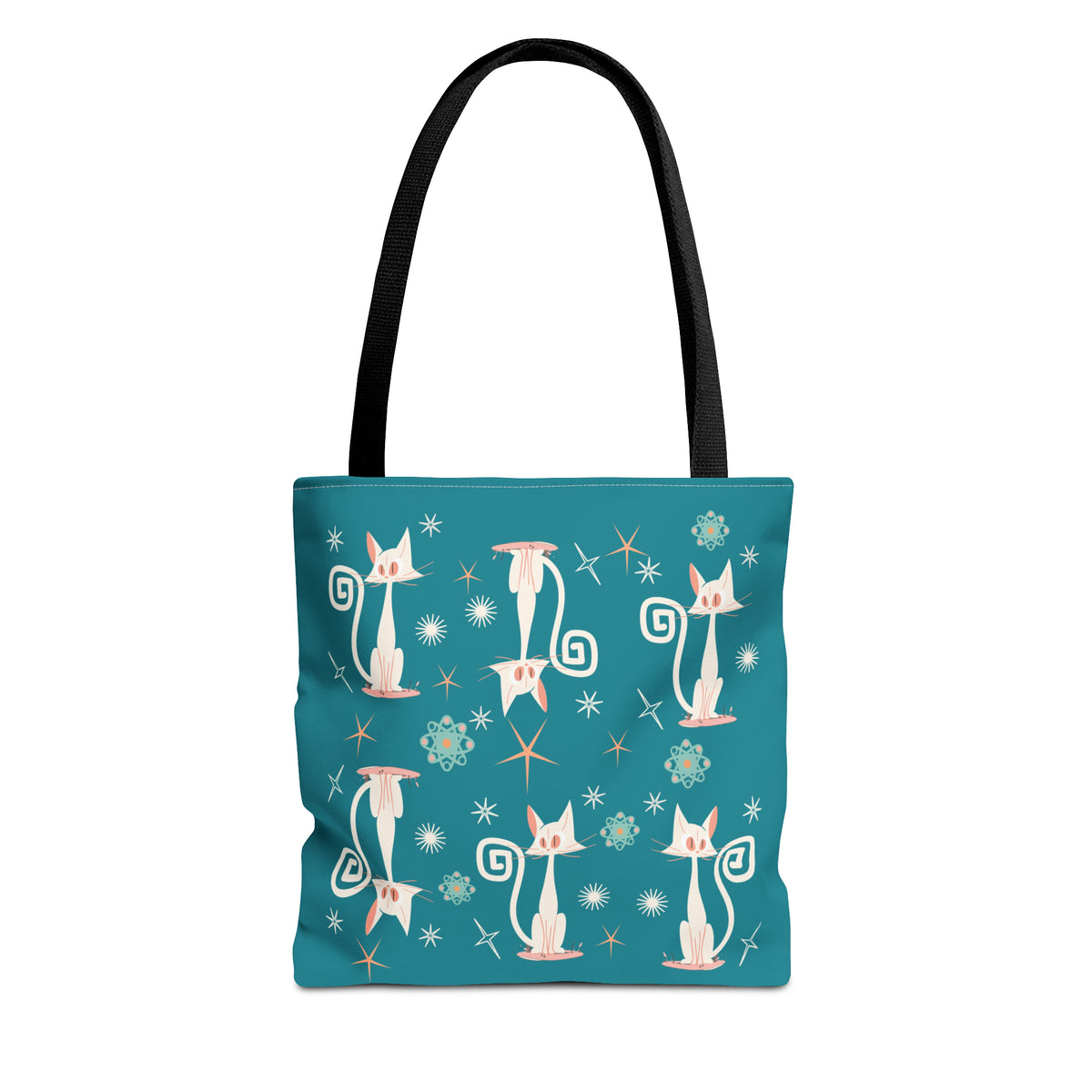 Atomic Kitties, White Kitschy Cats, Coral, Teal, Atomic Age Mid Century Modern Tote Bag - Mid Century Modern Gal