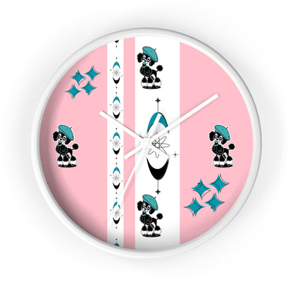 Mid Century Modern Atomic Pink Starburst Wall Clock with Cute Retro Mod Poodle Design - Mid Century Modern Gal