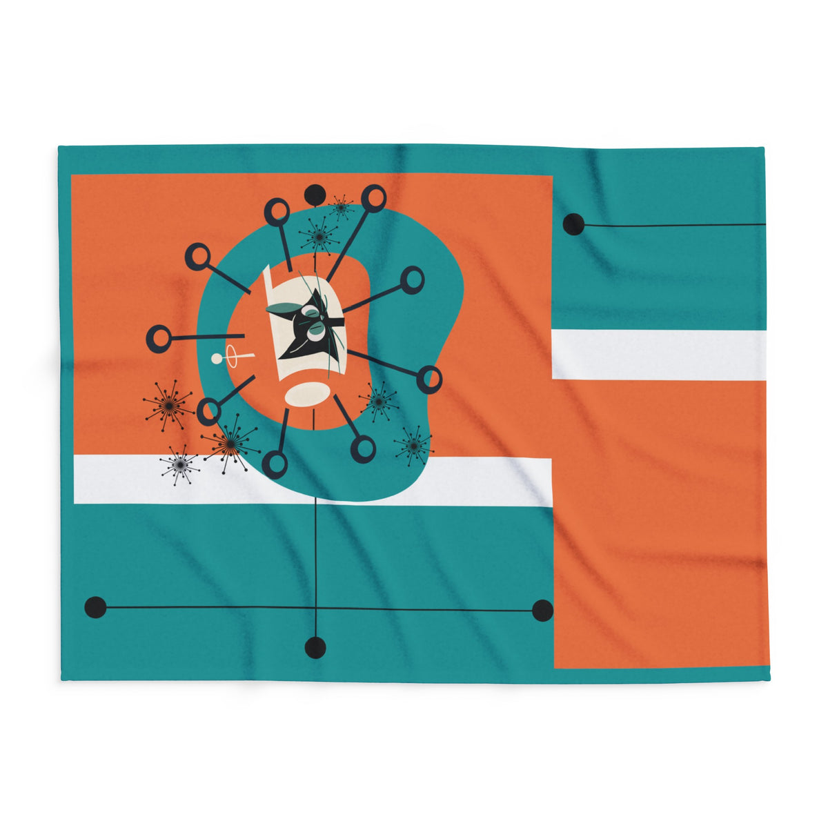 Mid Century Modern Orange Teal Atomic Space Kittie, MCM Lightweight Fleece Blanket - Mid Century Modern Gal