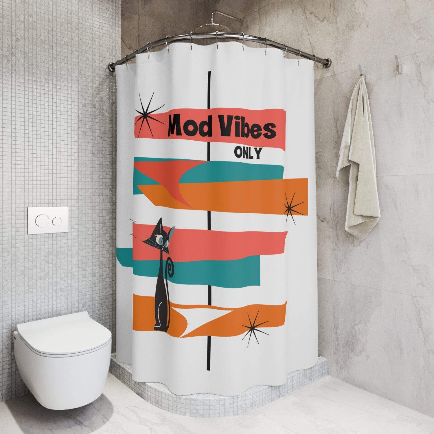 Atomic Cat Mid-Century Modern Shower Curtain - Mod Vibes Only - Mid Century Modern Gal