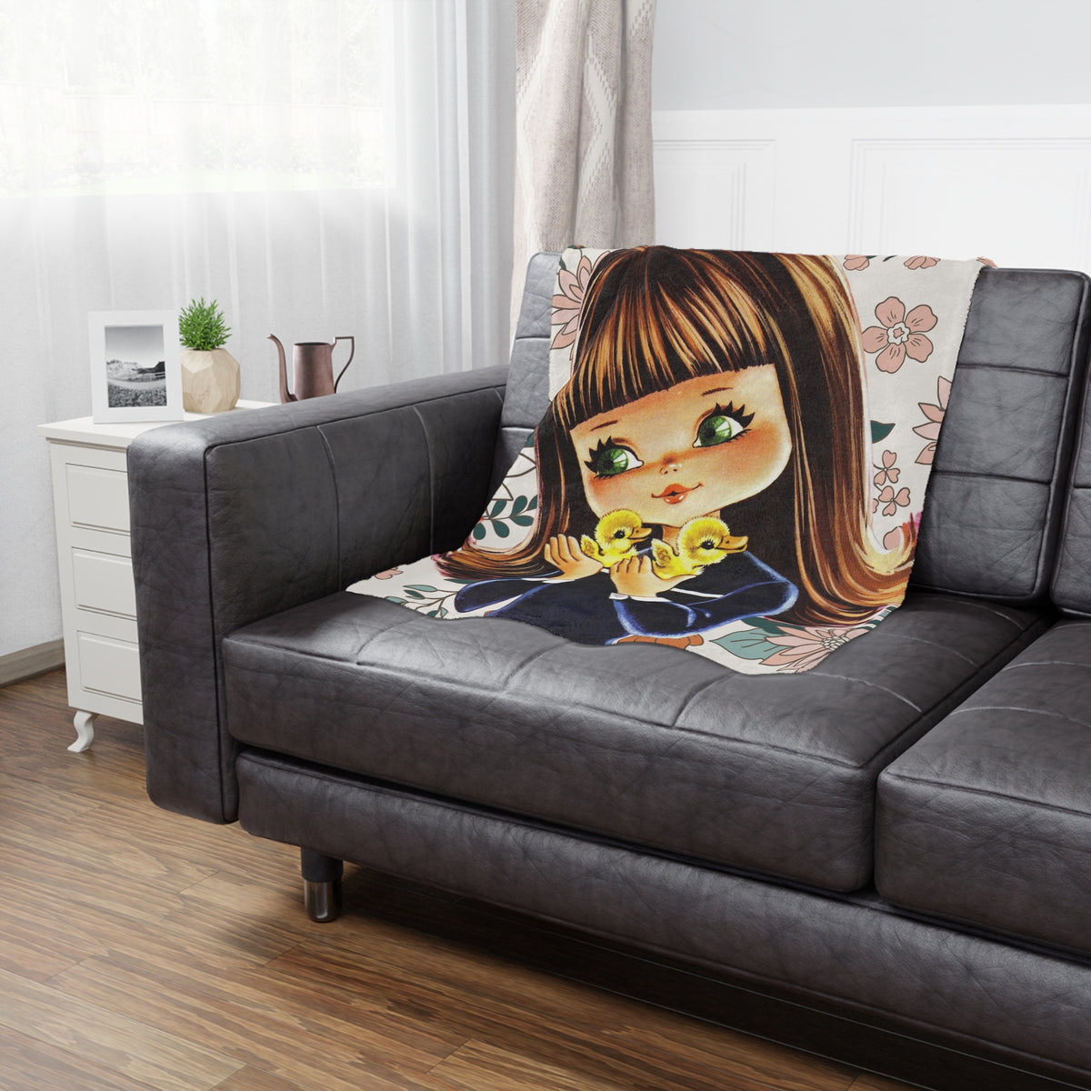70's Groovy Style, Big Eyed Girl,  Brown Hair, Flower Power, Baby Ducklings, Retro 1970's Home Decor Minky Blanket - Mid Century Modern Gal