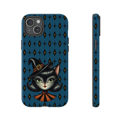 Vintage Halloween Black Cat Sexy Sexton Mid Century Modern Blue Tough Phone Case