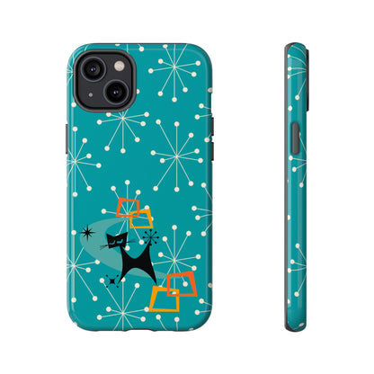 Atomic Space Cat, Starburst Blue, Retro Groovy Smart Phone Tough Phone Cases