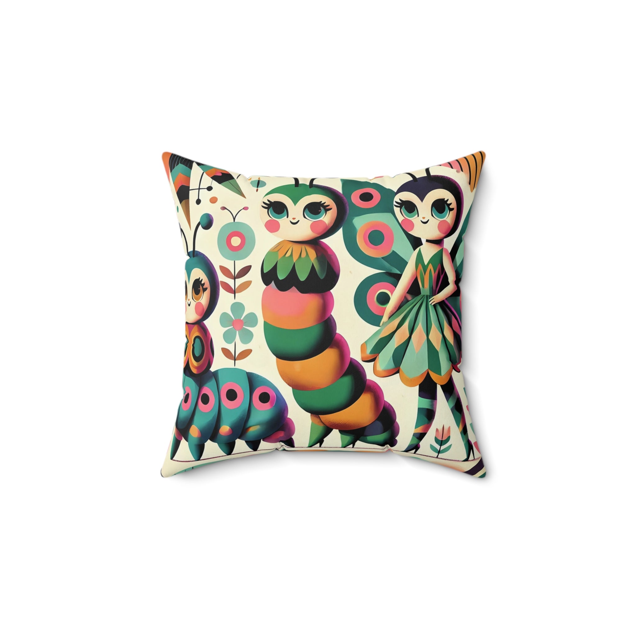 Anthropomorphic Catepillar Pixie Whimsical Butterfly Garden Pillow 60s Vibe