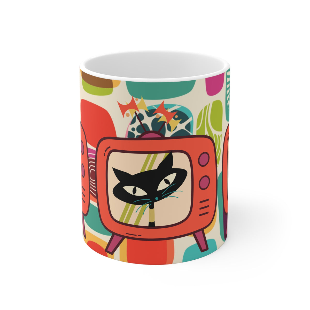 Retro Cat TV Mug, Quirky Coffee Cup for Cat Lovers, Fun Home Decor, Colorful Gift for Birthdays, Housewarming, Pet Owners, Tea Drinkers - Mid Century Modern Gal