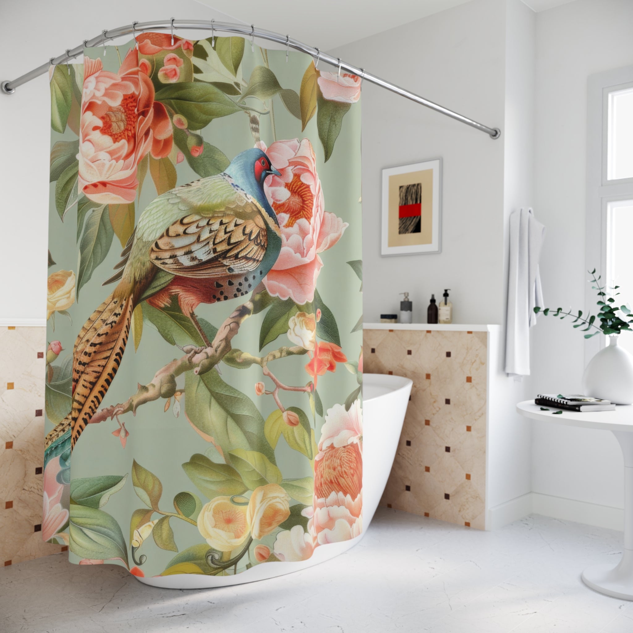 Chinoiserie Designed Shower Curtain Pheasant Floral Garden Botanicals  Shower Curtain