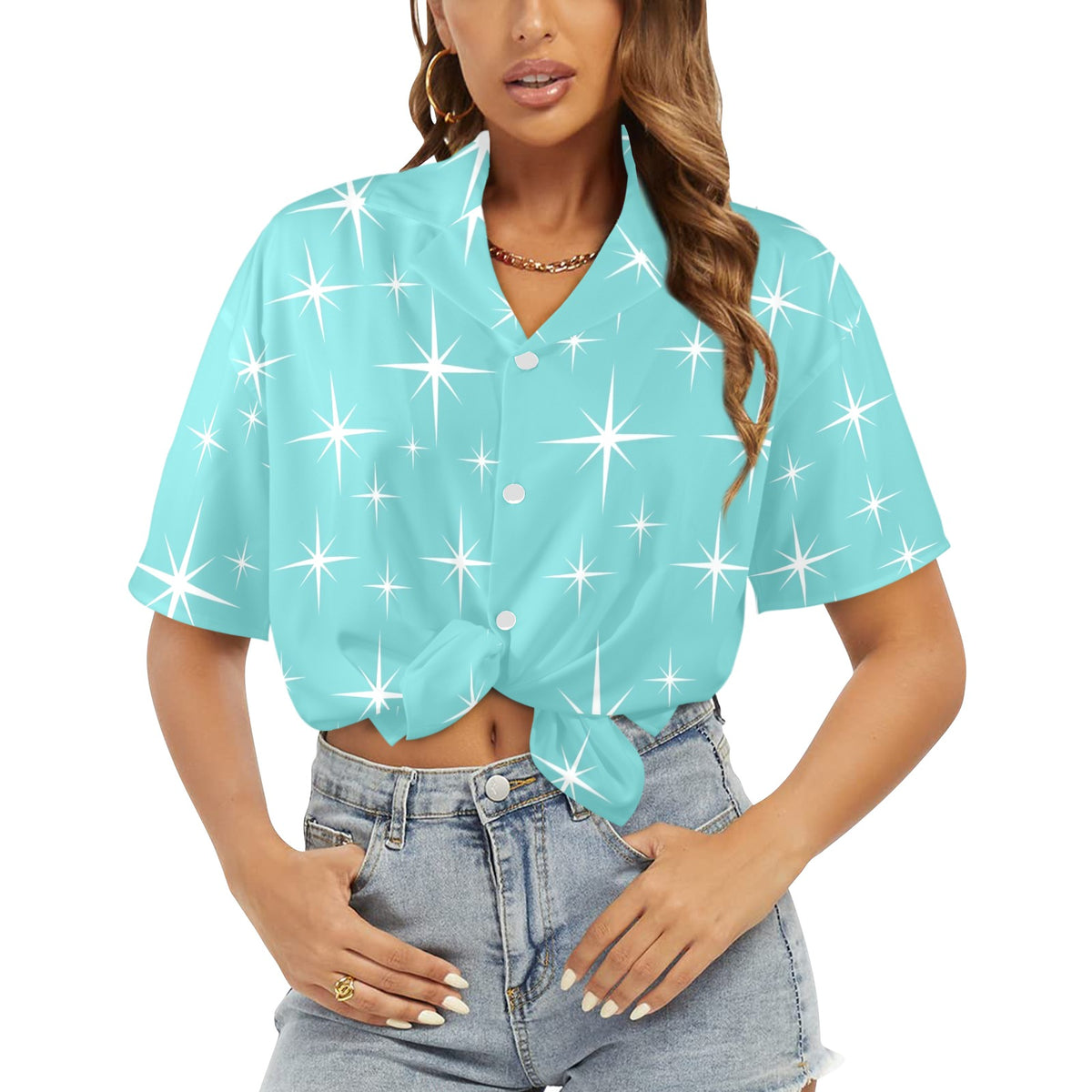 Mid Mod Atomic Aqua Starburt Summer Vibe Women's Hawaiin Shirt - Mid Century Modern Gal
