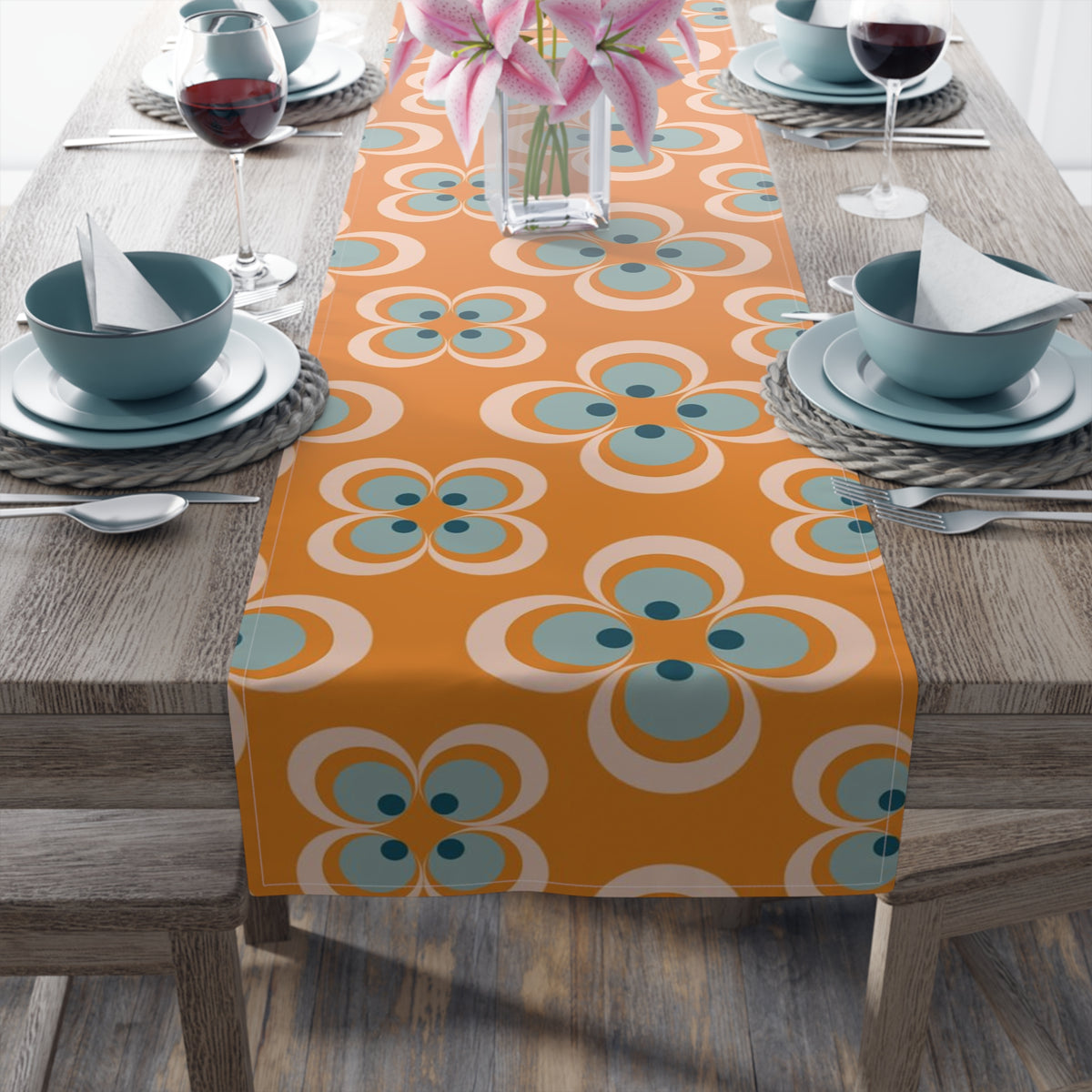 Mid Century Modern Table Runner, Retro Scandinavian Modern Danish Geometric Design, Orange, Blue Table Runner - Mid Century Modern Gal