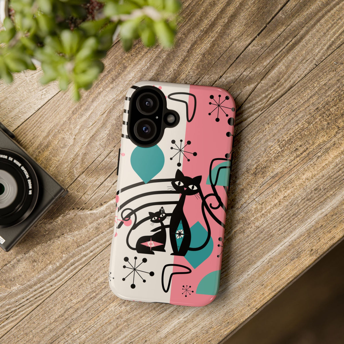Mid Mod Atomic Cat Boomerang Starburst, Pink, Black Kitschy Stylish Cat Phone Case: Modern Design for Cat Lovers