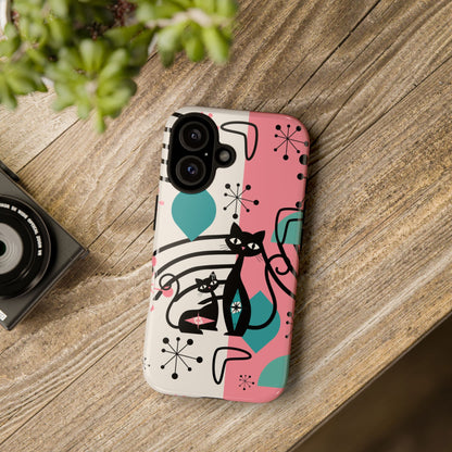 Mid Mod Atomic Cat Boomerang Starburst, Pink, Black Kitschy Stylish Cat Phone Case: Modern Design for Cat Lovers