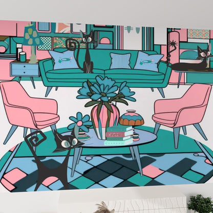 Atomic Cat Lounge Mid Century Modern Pink Teal Kitschy Mod Canvas Self Adhesive Wallpaper - Mid Century Modern Gal