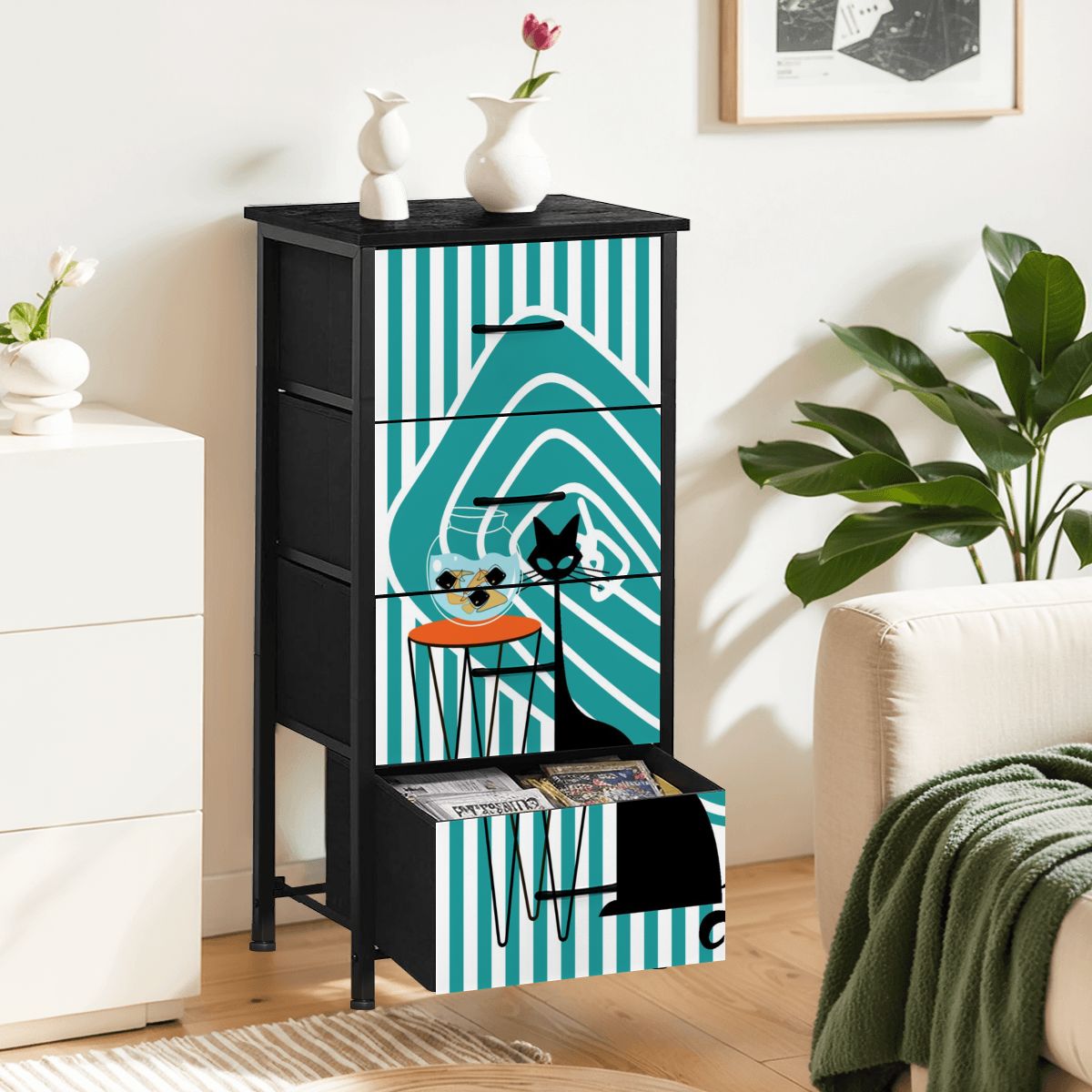 Atomic Kitschy Black Cat, Striped Mod Retro 4-Drawer Dresser - Mid Century Modern Gal