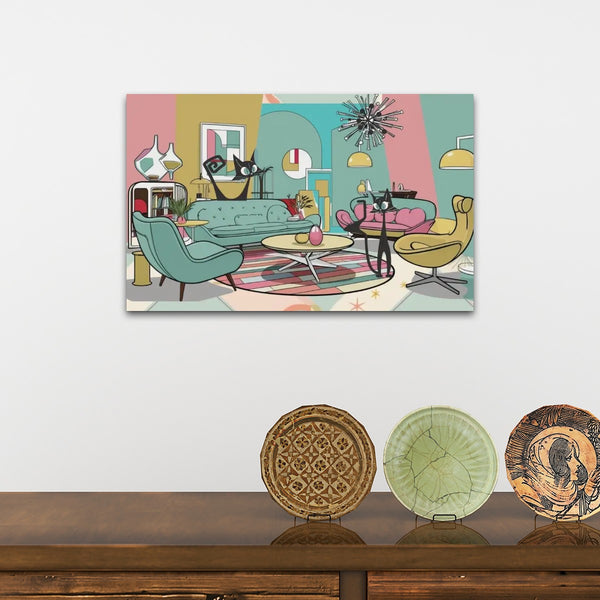 Atomic Cat Mid Century Modern Wall Art, Quirky Cats, Retro Canvas Print