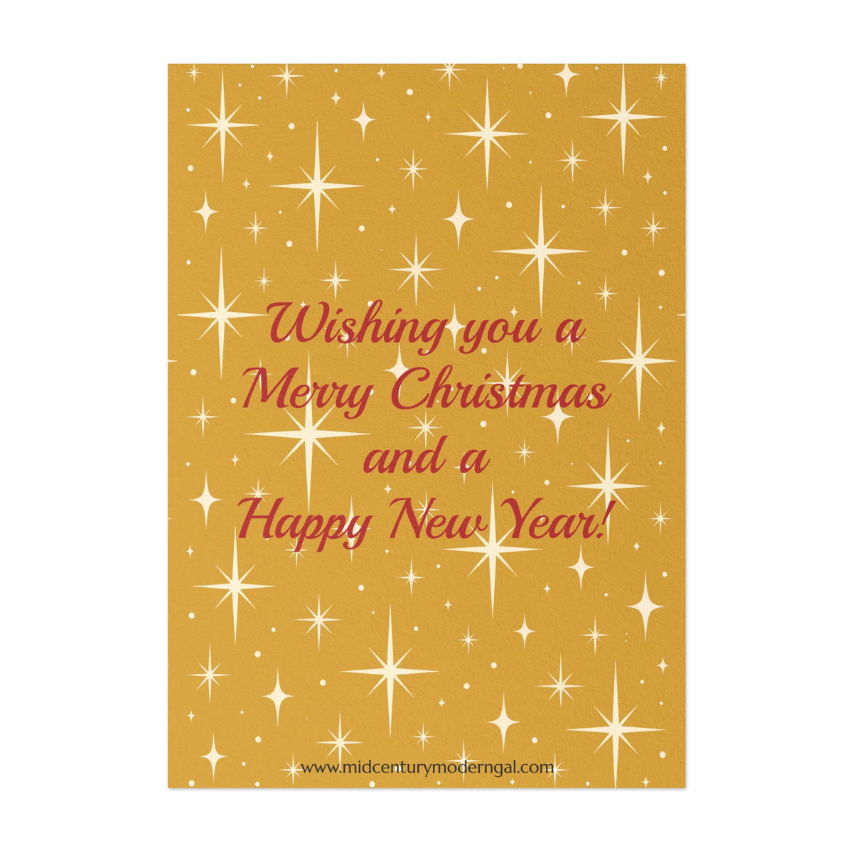 Mid Century Modern Christmas Glamour Gal Wrapping Presents by Tree, Gold Atomic Starbursts Flat Postcard Style Christmas Greeting Cards