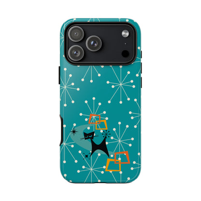 Atomic Space Cat, Starburst Blue, Retro Groovy Smart Phone Tough Phone Cases