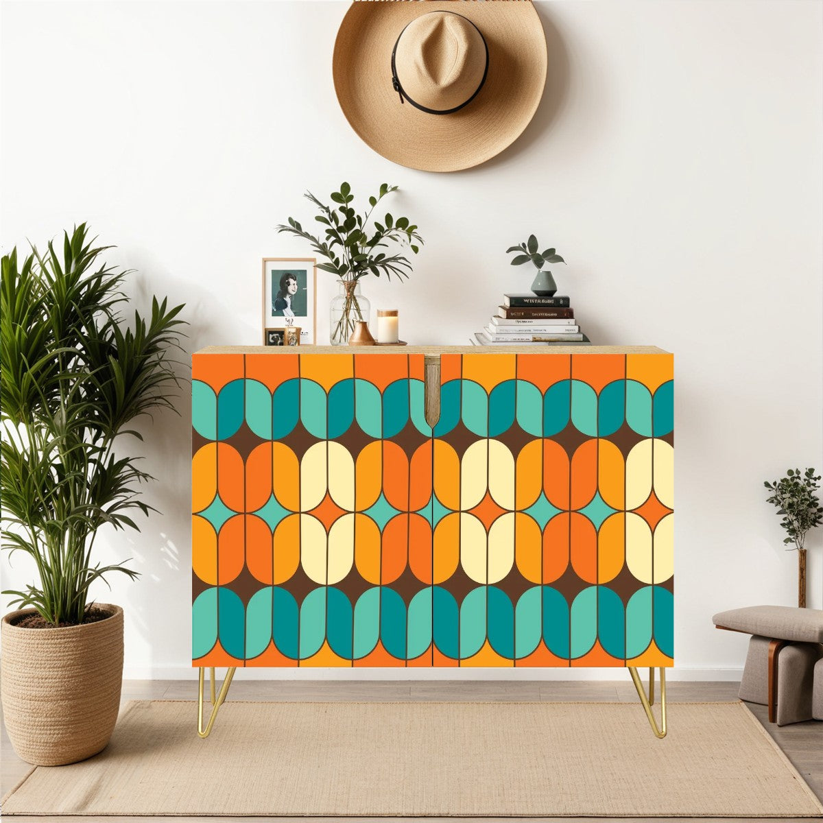 Mid Century Modern Wooden Storage Cabinet, Orage, Teal Geometric Designed Side Board - Mid Century Modern Gal